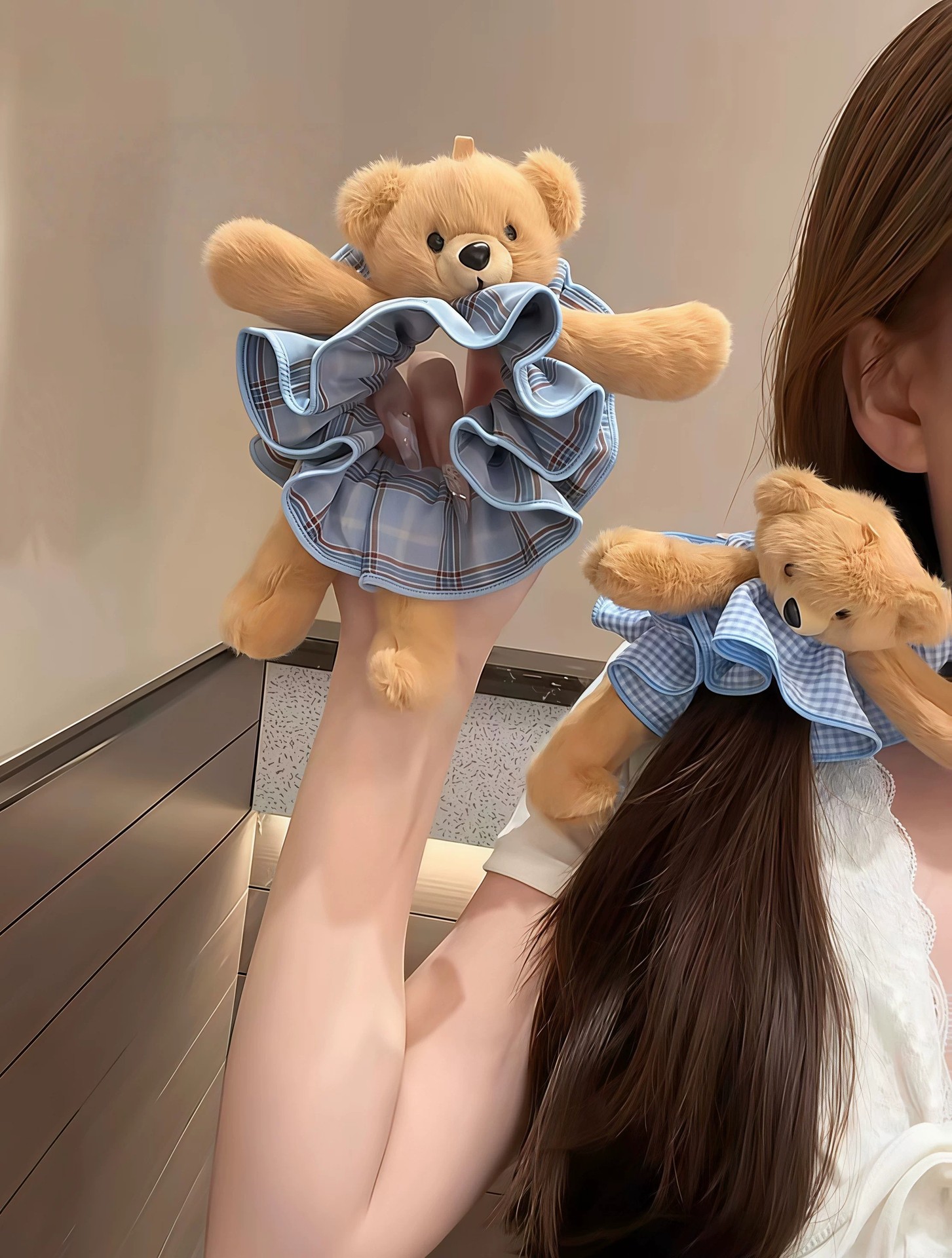Plaid bear scrunchie, cute plush hair tie for girls, suitable for bun hairstyles, commuting high ponytail scrunchie, versatile hair accessory