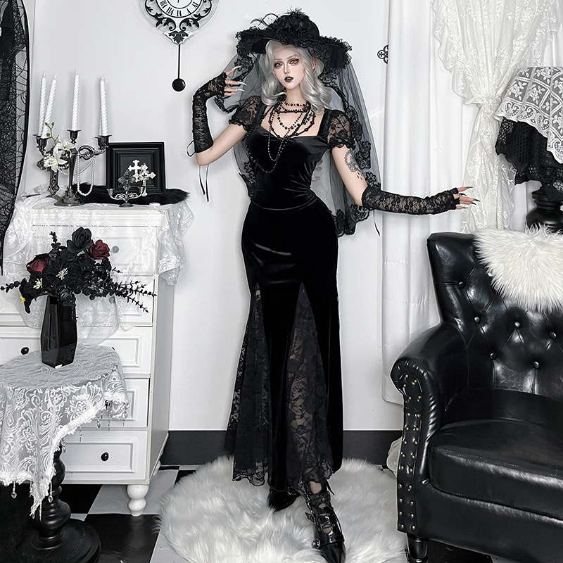 CY26022 Dark Gothic Lace Slit Mermaid Long Dress Subcultural Style Slim-Fit Waist-Cinching Bodycon Dress CY26022 Dark Gothic Lace Slit Mermaid Long Dress Subcultural Style Slim-Fit Waist-Cinching Bodycon Dress