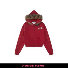 Fudge Pink 25秋季New美式复古辣妹毛领刺绣钉珠连帽卫衣外套