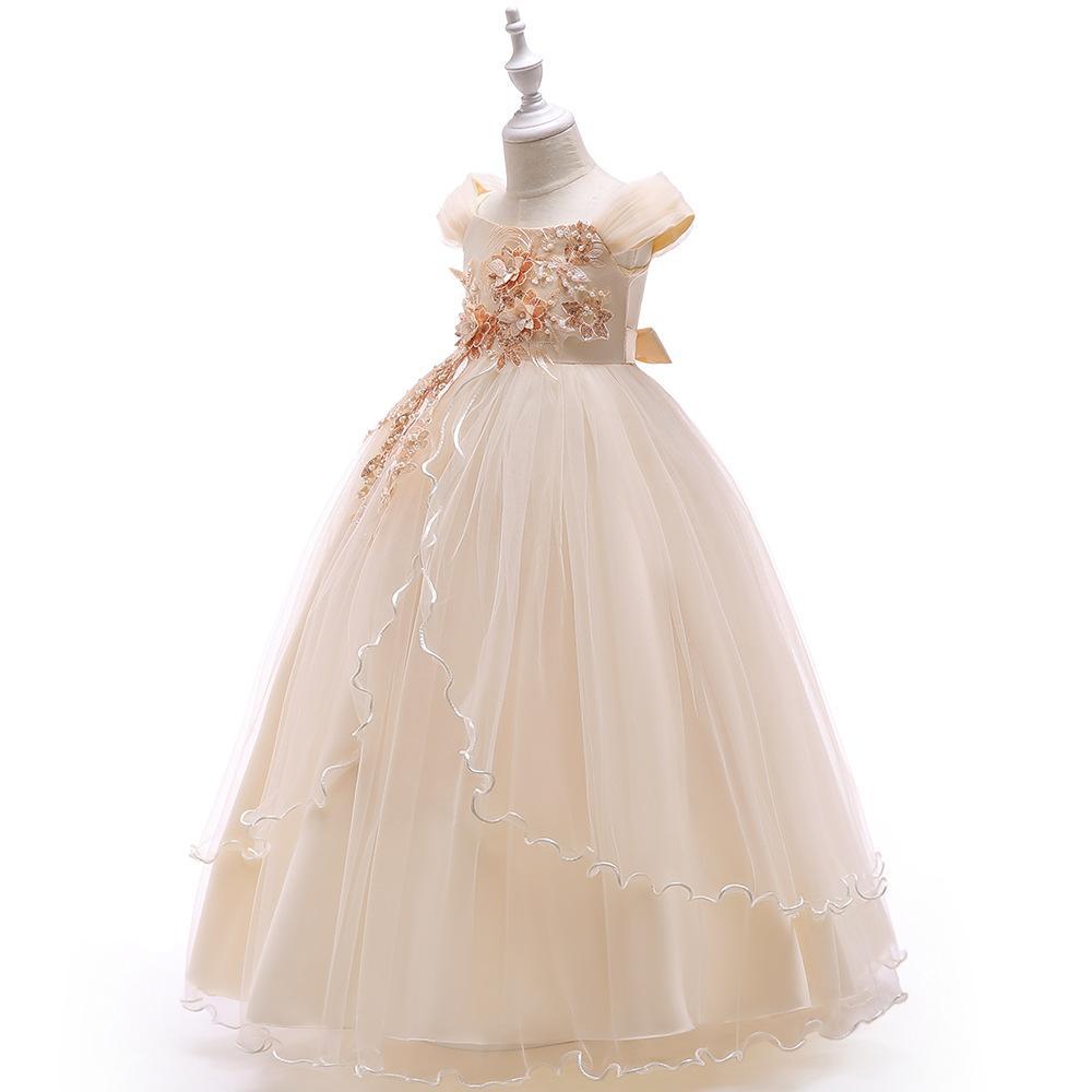 Nueva ropa infantil: vestido largo de princesa con un solo hombro, vestido largo de flores de hadas, vestido esponjoso para espectáculos.