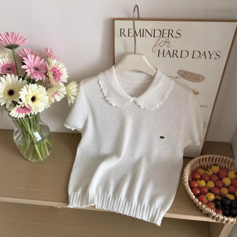 韓国ベビードールカラー半袖Tシャツ夏の新しい甘い年齢を減らす気質ニットセーターレースレーストップ|undefined