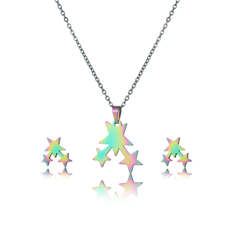 Stainless steel star necklace clavicle chain earrings set female colorful meteor pendant set chain e