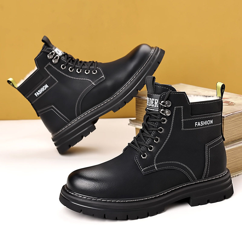 Giày bốt nam cổ cao lót lông giữ ấm kiểu Martin, gót 3-5 cm — QS666 cộng với nhung đen