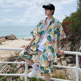 夏威夷碎花短袖衬衫男夏季衬衣港风潮牌休闲痞帅上衣男生薄款套装