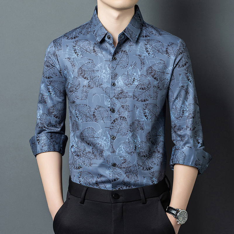 Men's Ice Silk Seamless Long-Sleeve Shirt, New Spring and Autumn Fashion Casual Korean Style Floral Shirt for Middle-Aged Men Men's Ice Silk Seamless Long-Sleeve Shirt, New Spring and Autumn Fashion Casual Korean Style Floral Shirt for Middle-Aged Men