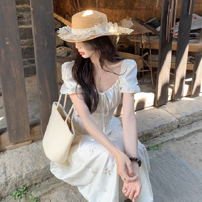 Gentle Style Puff Sleeve Lace-Up Square Neck Dress for Women with Embroidered Hollow Design French Style Long Skirt for Summer