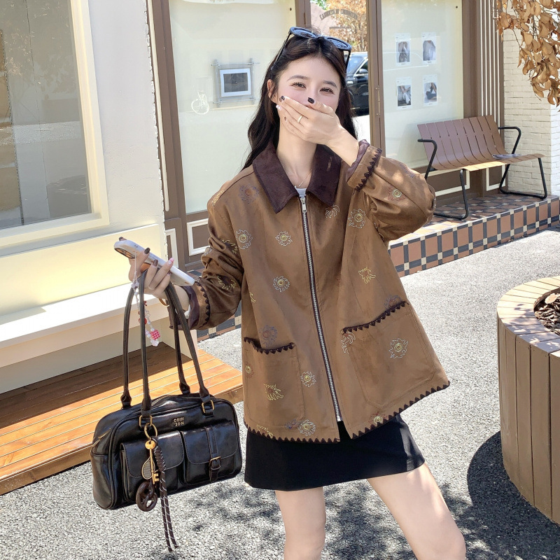 实拍咖色刺绣美拉德短外套女秋季2025新款韩版宽松小个子炸街夹克|undefined