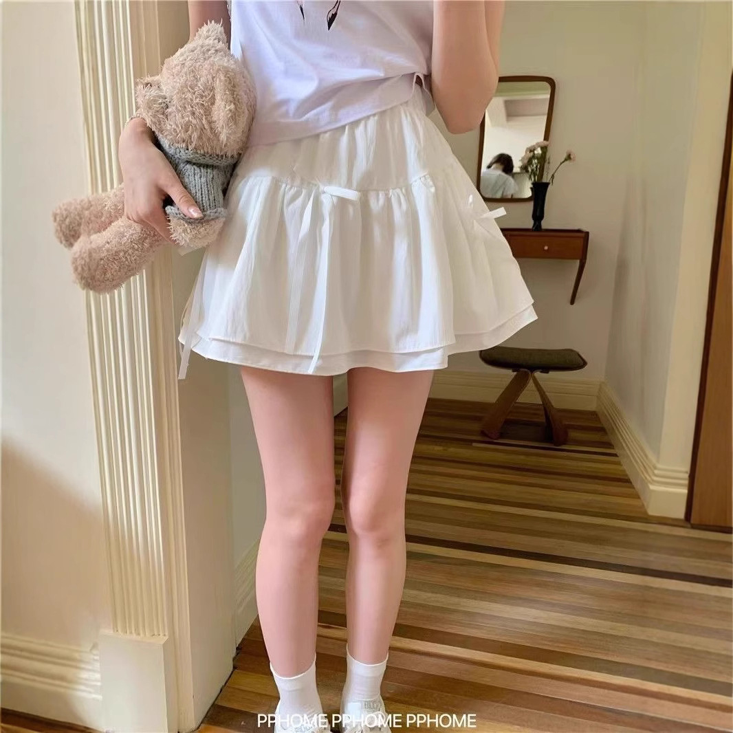 Bow Puffy Cake Skirt Women's 2025 Summer French Style High Waist Slim A- line Skirt Hot Girl Pleated Skirt