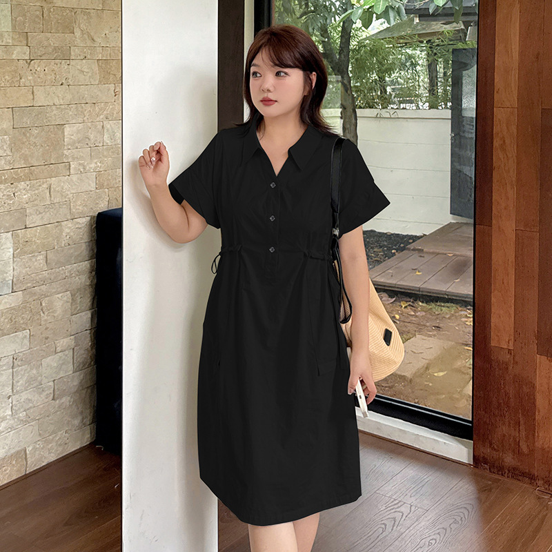 大码胖妹妹短裙女2025夏季新款宽松抽绳收腰口袋半襟连衣裙262819