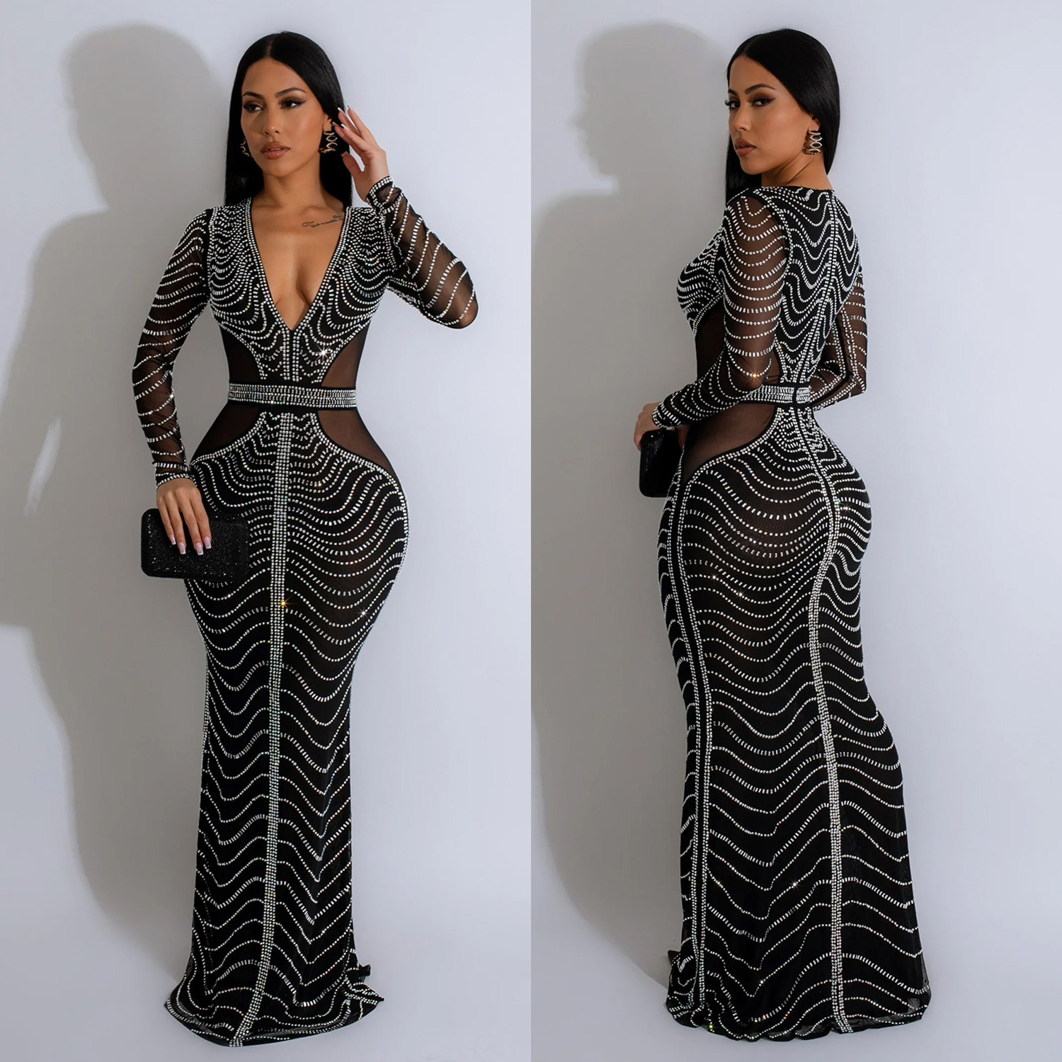 C6832 transfronterizo AliExpress Amazon moda europea y americana de las mujeres de color sólido vestido de malla rhinestone vestido
