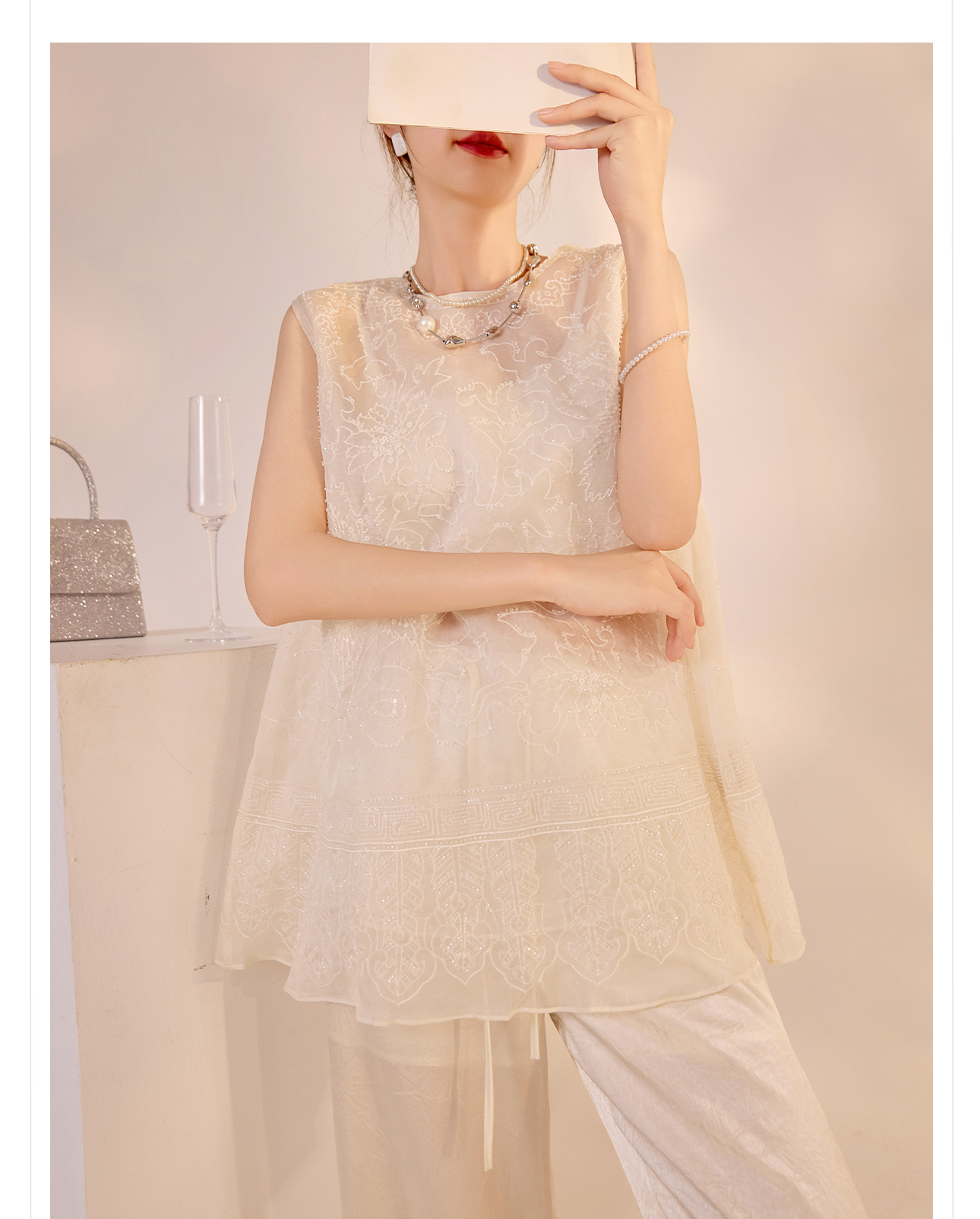 Áo vest gile nữ cổ tròn lụa tơ tằm đính hạt cao cấp phong cách Trung Quốc mới M7064 — Màu đen, Màu mơ chi tiết 11