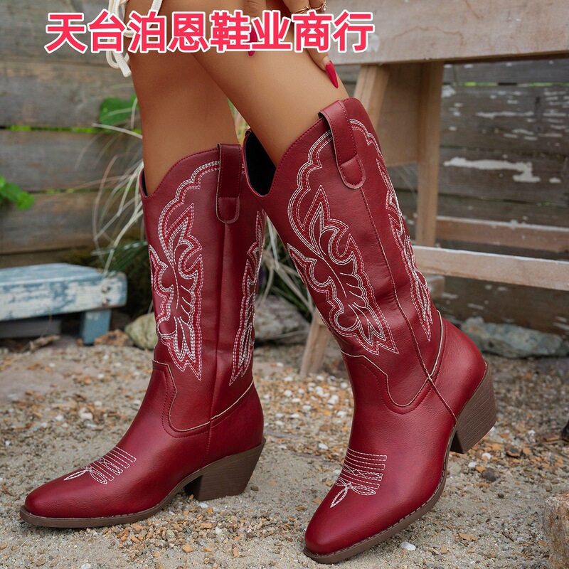 Western Cowboy Boots for Women, Embroidered, Chunky Heel, Mid-Calf Boots, European and American Retro, Cross-Border Foreign Trade, Large Size Wholesale Western Cowboy Boots for Women, Embroidered, Chunky Heel, Mid-Calf Boots, European and American Retro, Cross-Border Foreign Trade, Large Size Wholesale