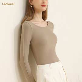 CANVAUS基础款T恤女长袖圆领春秋装新款内搭打底衫双面绒女装上衣