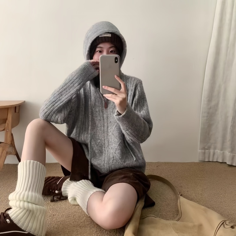 韩系秋冬新款针织连帽开衫女宽松慵懒风小个子纯色软糯外套毛衣女|undefined