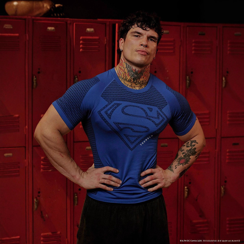 Youngla Co-Branded Superman American-Style Men's T-Shirt Muscle Sports Fitness Breathable Bodysuit Top Short-Sleeved