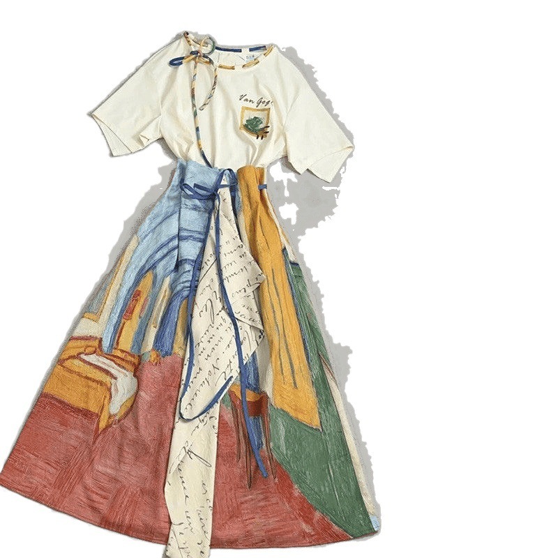 フレンチレトロ文学半袖Tシャツトップス不規則スカートレディース夏ゴッホ油絵風ウェア1|undefined