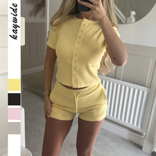 迪芸 跨境欧美休闲纽扣T恤短裤两件套装女装2025秋冬亚马逊独立站