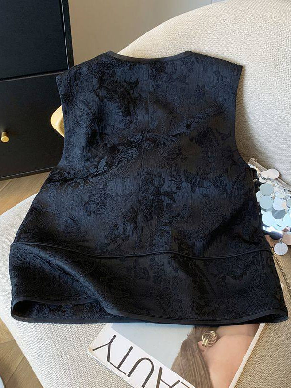 Áo ghi lê nữ dáng cardigan không tay họa tiết hoa jacquard, dài áo 50–65 cm — màu đen