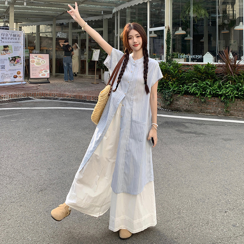 Korean-Style Striped Sweet Layered Outfit for Women, Summer 2026 New Shirt Dress and Wide-Leg Pants Skirt Two-Piece Set Korean-Style Striped Sweet Layered Outfit for Women, Summer 2026 New Shirt Dress and Wide-Leg Pants Skirt Two-Piece Set