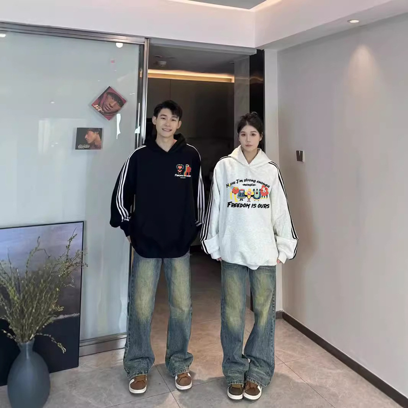 スリーストライプスの高級オーバーサイズ男女特別カップルウェア秋冬ベルベットフード付きスウェットシャツトレンディなブランドクラスユニフォーム|undefined