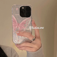 夢幻鐳射粉色蝴蝶適用蘋果13手機殼iphone15硬殼12女14防摔11網紅