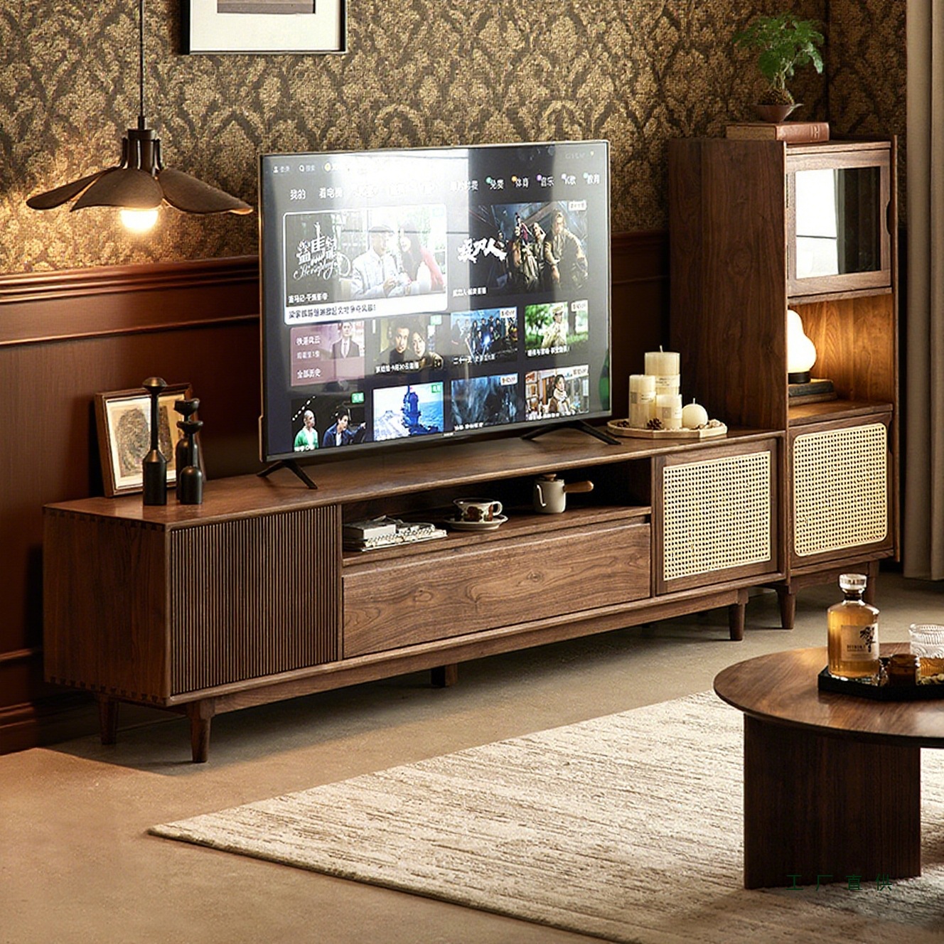 Black Walnut Tv Cabinet Floor-Standing Mid-Century Style Small Apartment Living Room Storage Cabinet Home Retro Solid Wood Floor Cabinet Combination