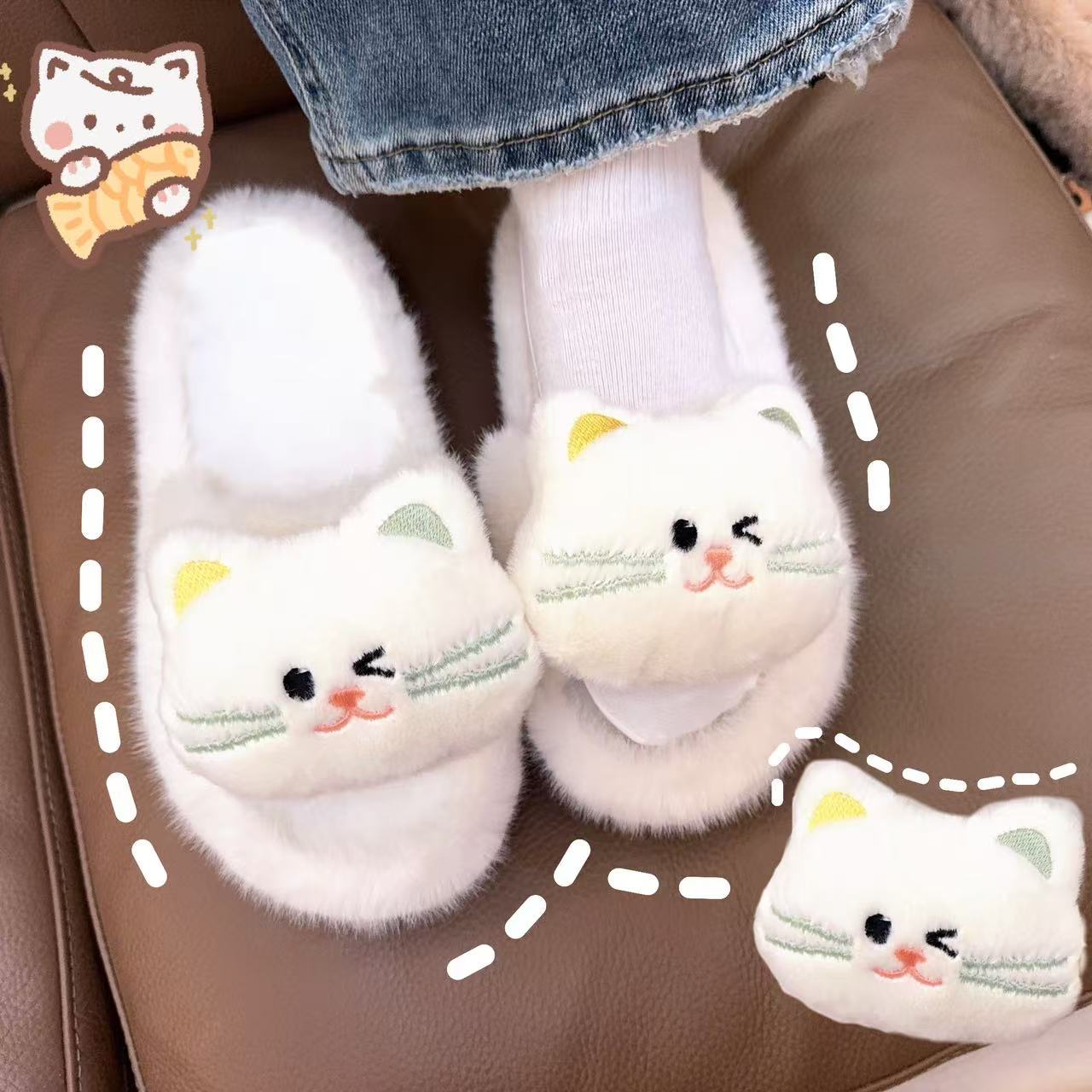 学生新款小猫毛毛拖鞋女可外穿室内外防滑厚底可爱毛绒卡通棉拖