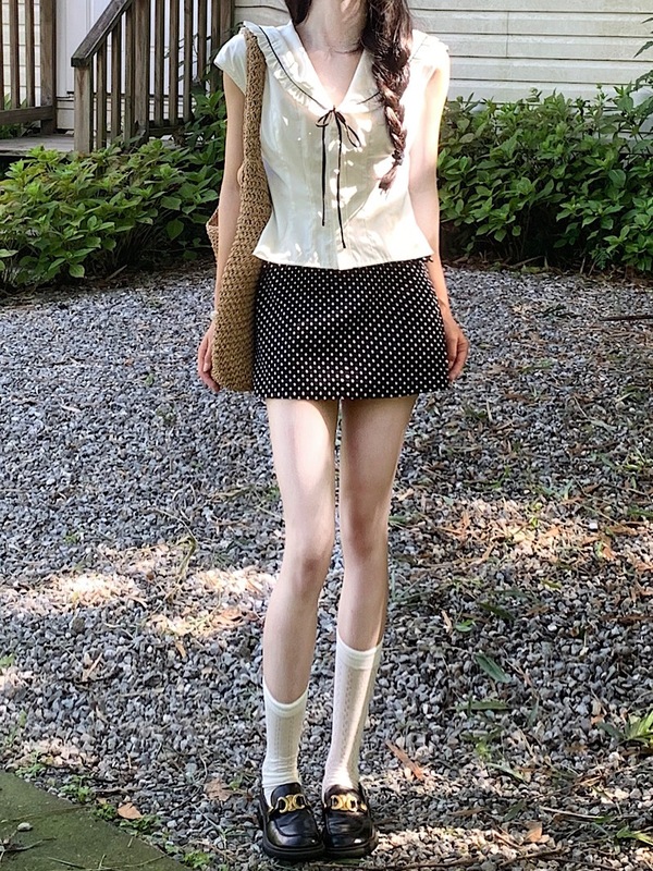 甜美海军领修身显瘦木耳边衬衫波点半身裙女2025夏季新款时尚套装|undefined
