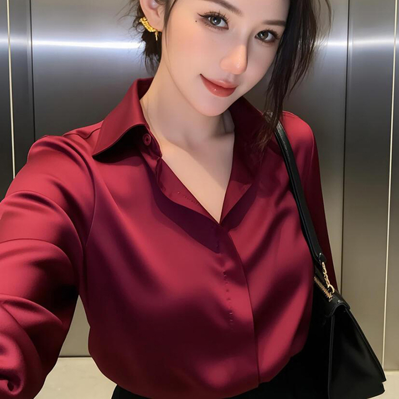 High-End Elegant Accessible Luxury Red V Neck Long-Sleeved Satin Shirt for Women Spring & Fall New Simple and Western Style Layered Shirt