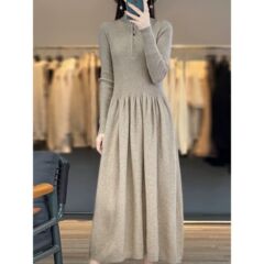 2025秋冬新款100纯羊毛连衣裙女半开拉链中长款针织羊绒过膝长裙