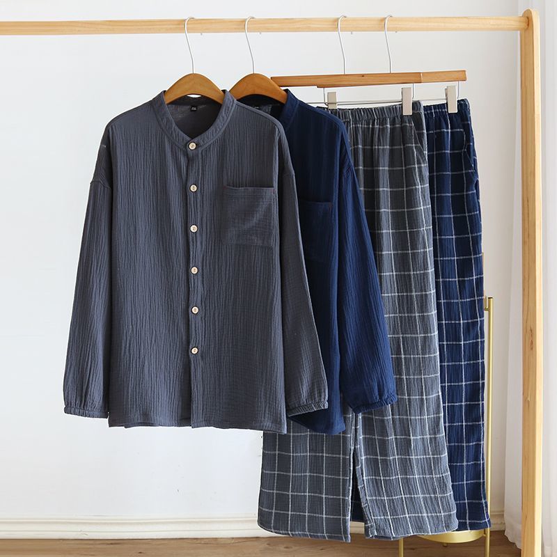 봄, 가을, 여름 거즈 더블 레이어 크레이프 긴팔 가디건 루즈 대형 홈웨어 세트 남성용 심플 잠옷