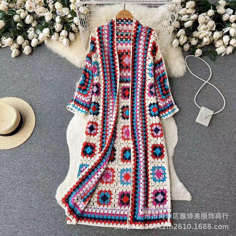 Autumn elegant holiday style color matching sweater women's new crocheted embroidered hollow-out long outer shawl top fashion