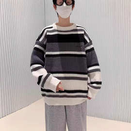 日系复古毛衣男女秋冬季潮牌圆领拼色条纹针织衫情侣毛衫