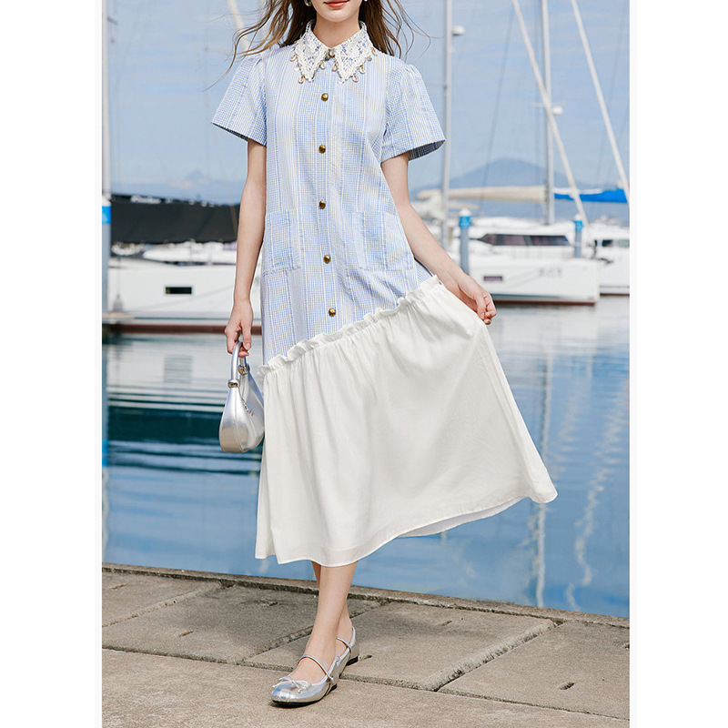 Striped Seersucker Dress for Women 2026 Summer New Design with Lace Patchwork Shirt Dress L96S035