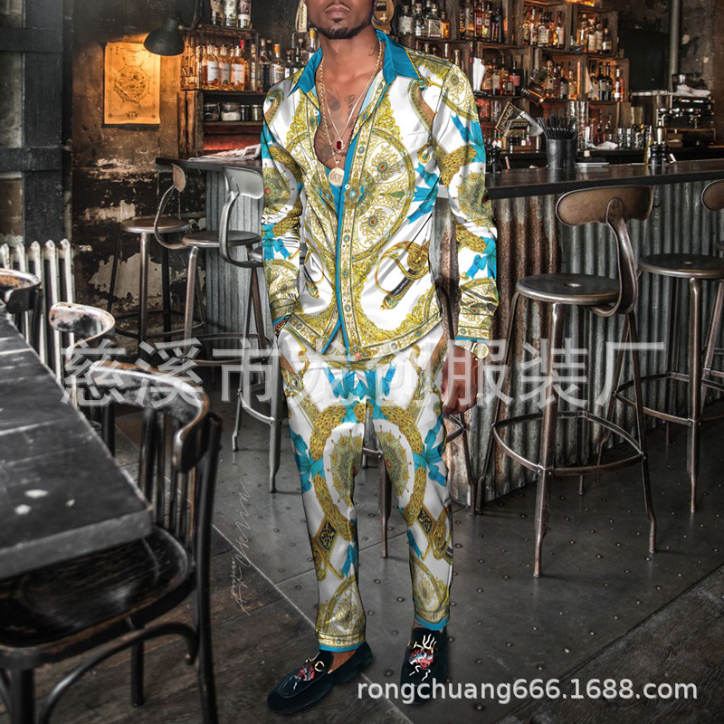 Cross-Border fashion new ethnic elements printed 3D shirt men's street trend long sleeve trousers sports suit Cross-Border fashion new ethnic elements printed 3D shirt men's street trend long sleeve trousers sports suit