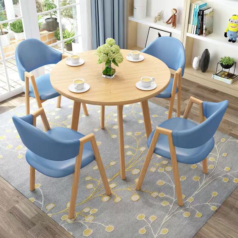 라이트 우드 컬러 데스크탑 + 라이트 블루 가죽 일체형 A 하위 의자