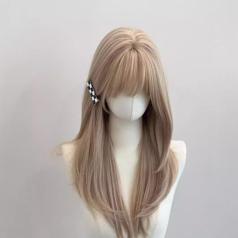 White gold high-level biya wind lolita natural long straight hair air bangs simulation natural wig female full head