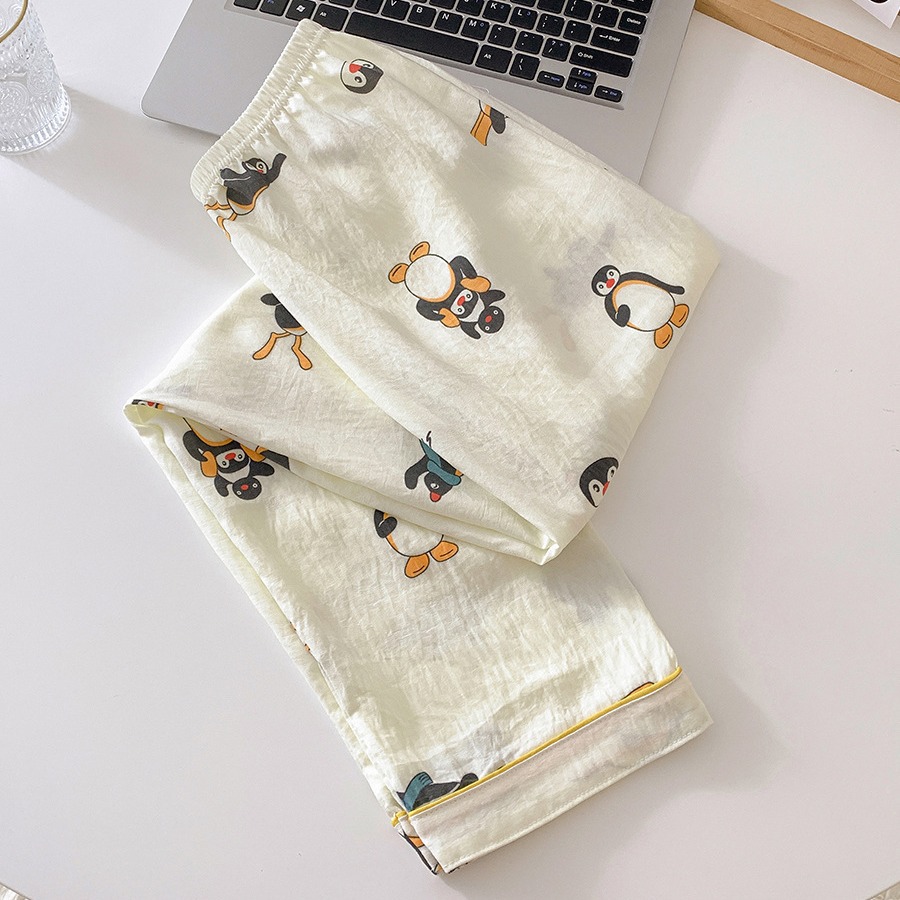 2024 nuevo suelto pingüino nubes algodón tres piezas de verano delgado mangas cortas pantalones cortos pantalones largos set de ropa para el hogar
