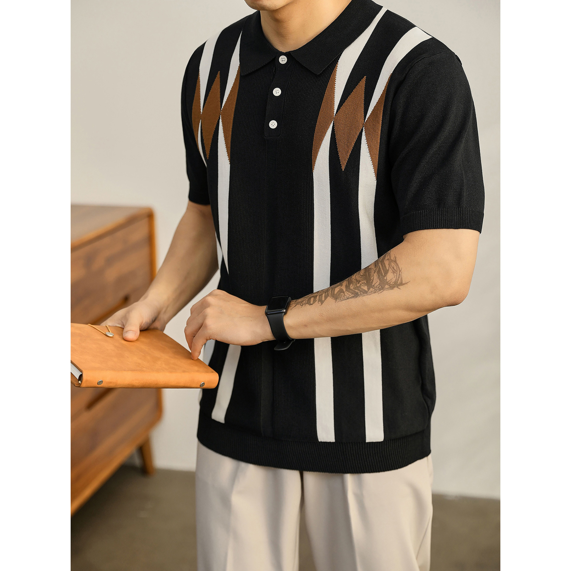 Polo camiseta de punto camiseta de manga corta camiseta de cuello de hombre rayas de color viejo viento de negocios de verano fábrica transfronteriza al por mayor