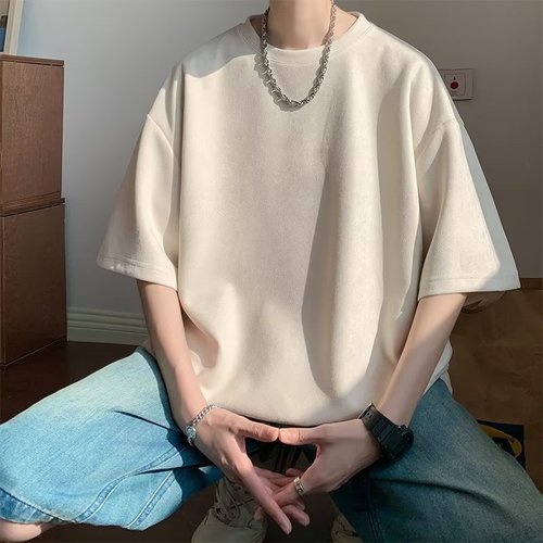 Standard fashionable trendy brand ins round neck summer city style button decoration youth popular trendy five finger sleeve men's T-shirt