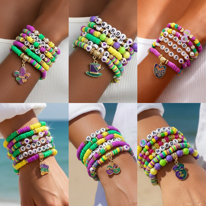 Brazilian Carnival Bracelet Mardi Gras Soft Pottery Hat Mask Pendant Multi-Layer Party Set Bracelet Batch