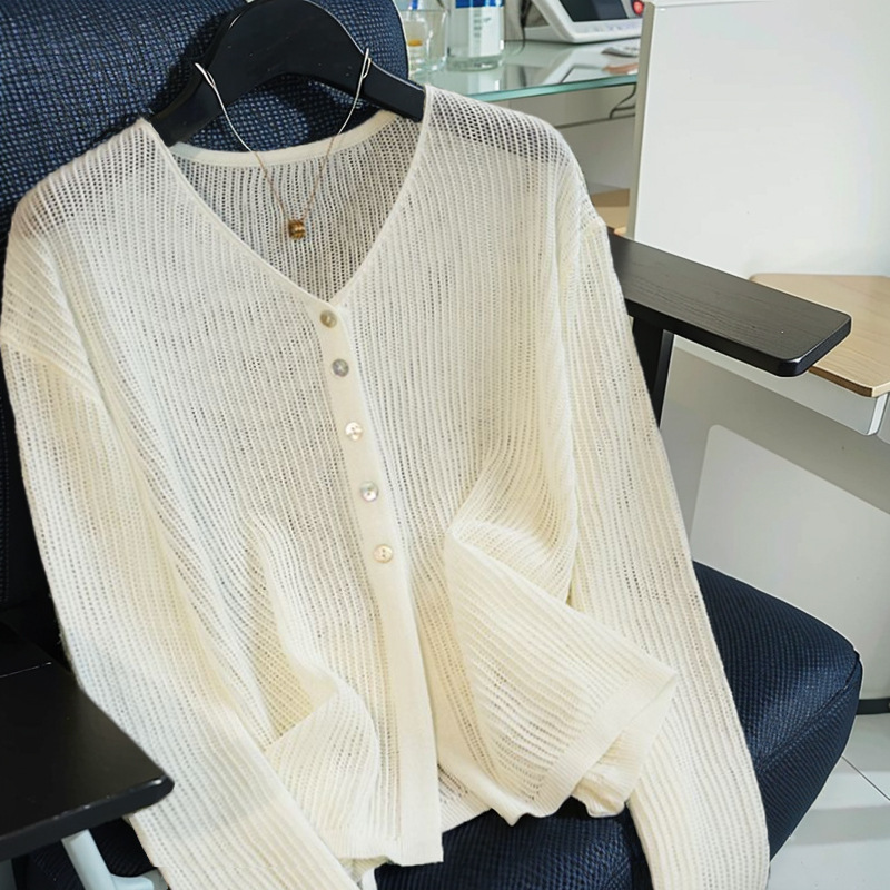 Tencel Linen Thin Long-Sleeved V Neck Knitted Cardigan Women's Summer New Loose Outer Air-Conditioned Sun Protection Shirt Top