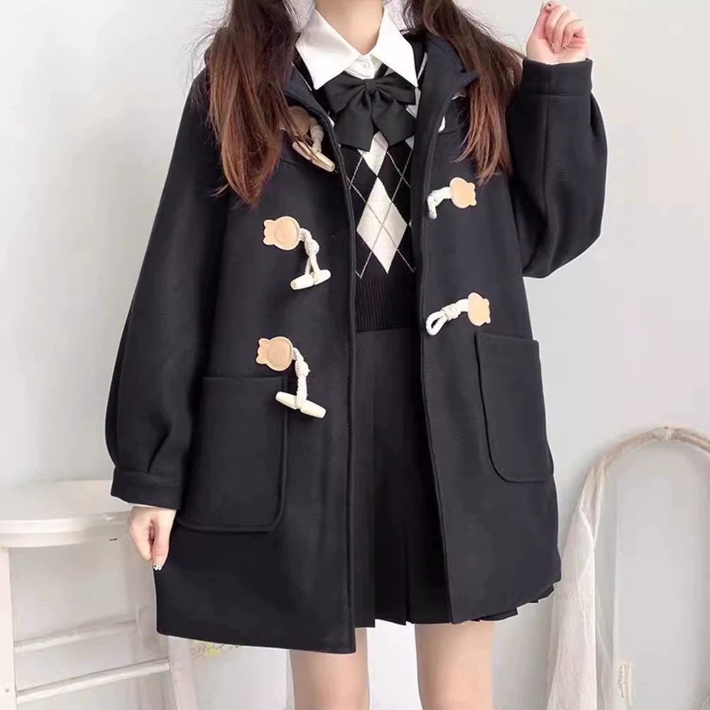Шерстяное пальто в японском стиле для женщин, осень-зима 2025, на пуговицах, в стиле преппи, для миниатюрных фигур, средней длины, с капюшоном