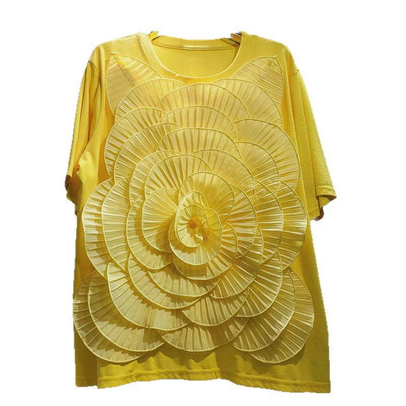 Diseño estereoscópico gran flor camiseta de manga corta para mujeres verano 2026 nuevo temperamento suelto para mujeres