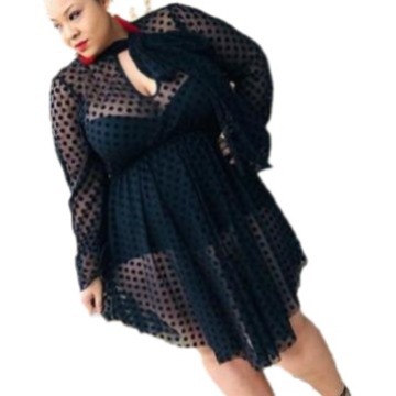 Ins popular independent website hot selling European and American large size sexy mesh hollow see-through irregular dress fake two pieces_voghion.com