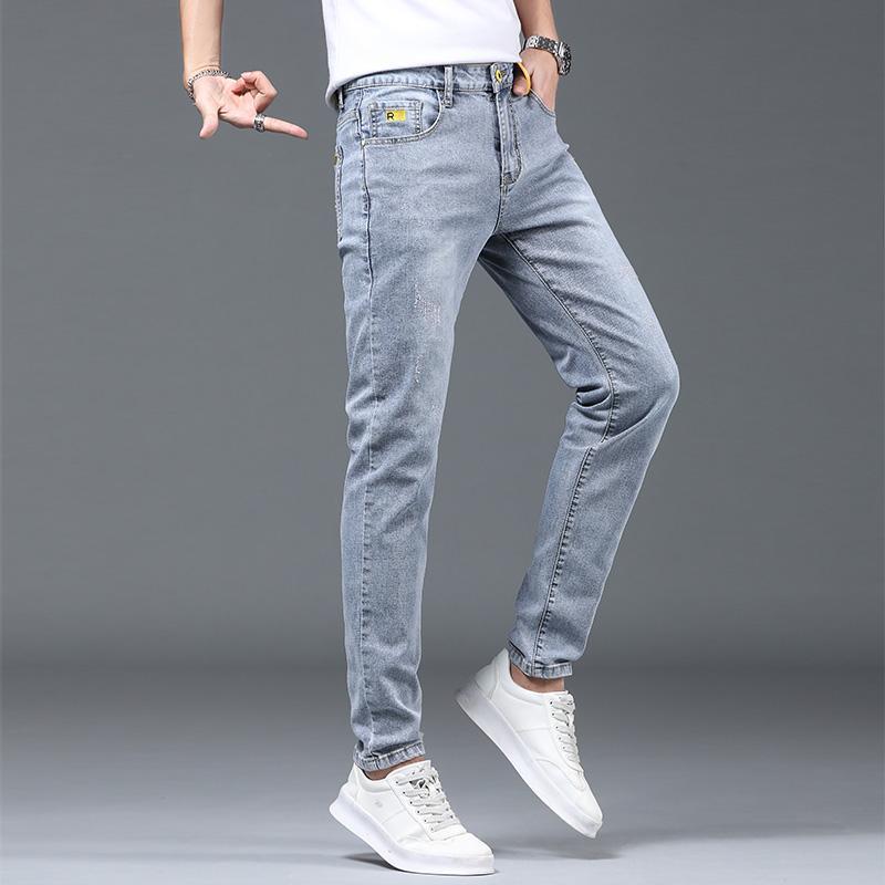 Printemps et automne mince hommes jeans tendance polyvalent couleur claire minceur petite jambe coquin beau mode lavé décontracté_voghion.com