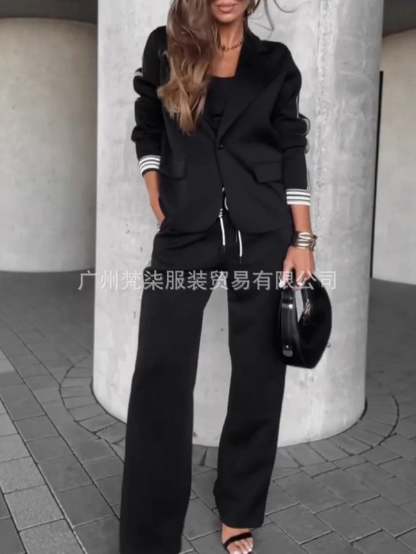 2025欧美跨境亚马逊时尚新款罗纹拼接外套休闲长裤通勤两件套套装|undefined