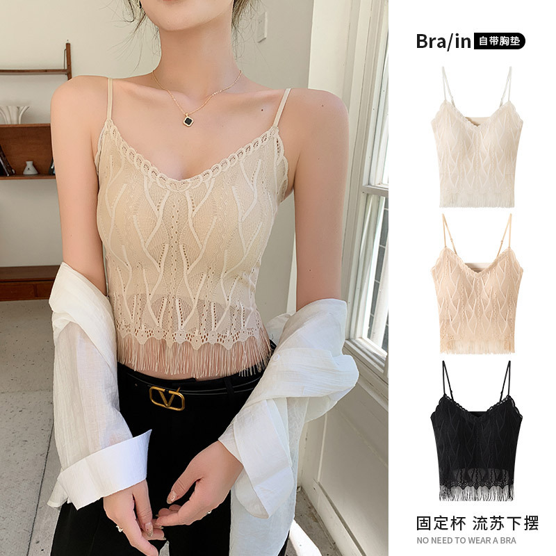H189 Lace Tassel Small Camisole Women's Summer Inner Wear with Breast Pad Intimates Short Bottoming Vest Outer Wear H189 Lace Tassel Small Camisole Women's Summer Inner Wear with Breast Pad Intimates Short Bottoming Vest Outer Wear