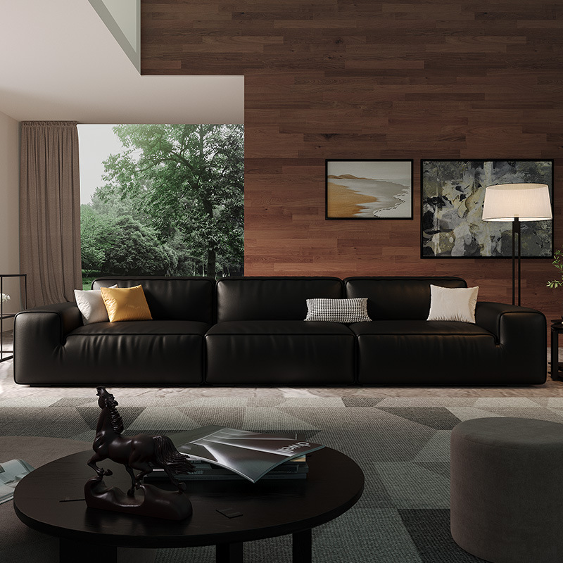 Sofá de cuero de verano italiano gran vaca negra sala de estar apartamento grande y pequeño sofá de cuero completo primera capa de piel de vaca combinación de fila recta