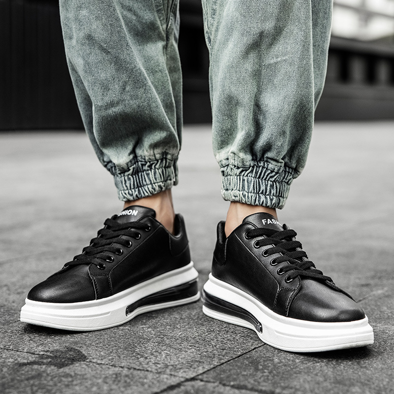 春季气垫板鞋男士休闲皮鞋黑色鳄鱼皮面潮鞋百搭增高男鞋一件代发